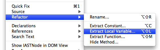 refactoring context menu highlighting 'extract local variable'